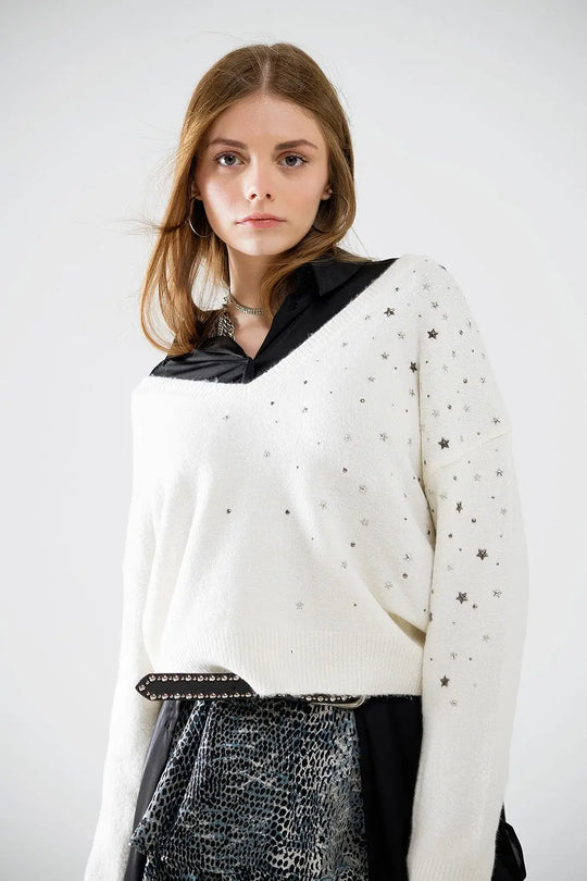 V-neck sweater embellished with metallic stars - Sweaters