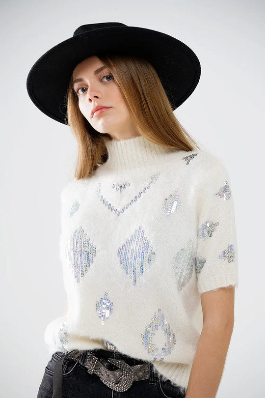 Cream short sleeve sweater with sequin embellishment - Sweaters
