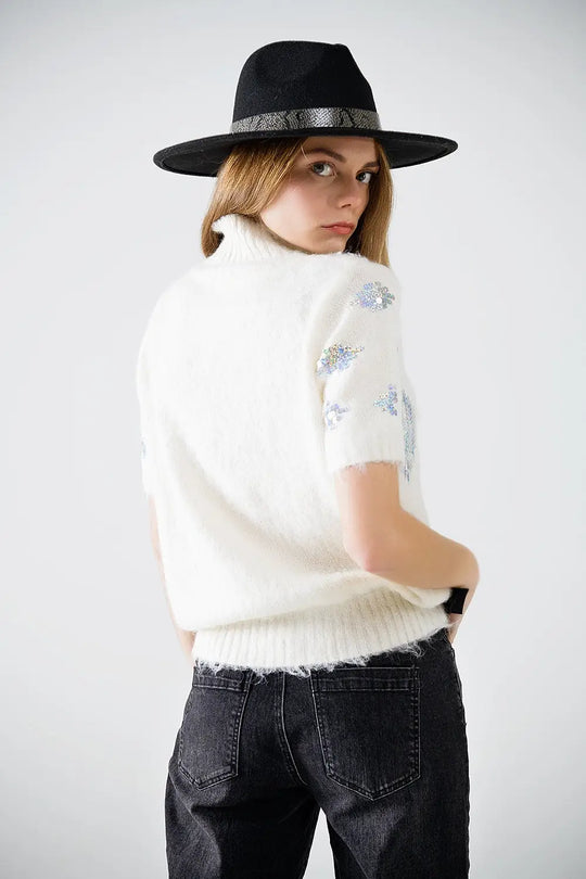 Cream short sleeve sweater with sequin embellishment - Sweaters