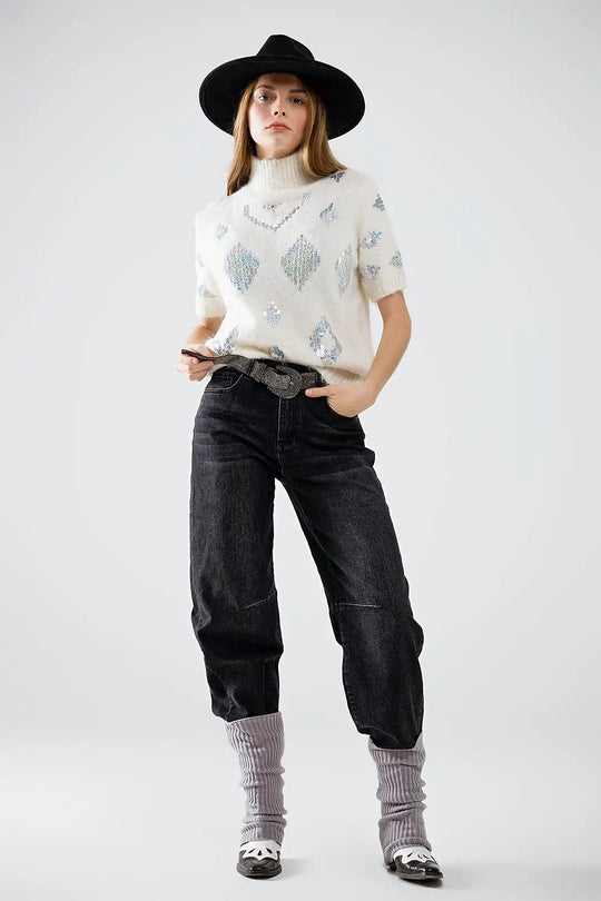 Cream short sleeve sweater with sequin embellishment - Sweaters
