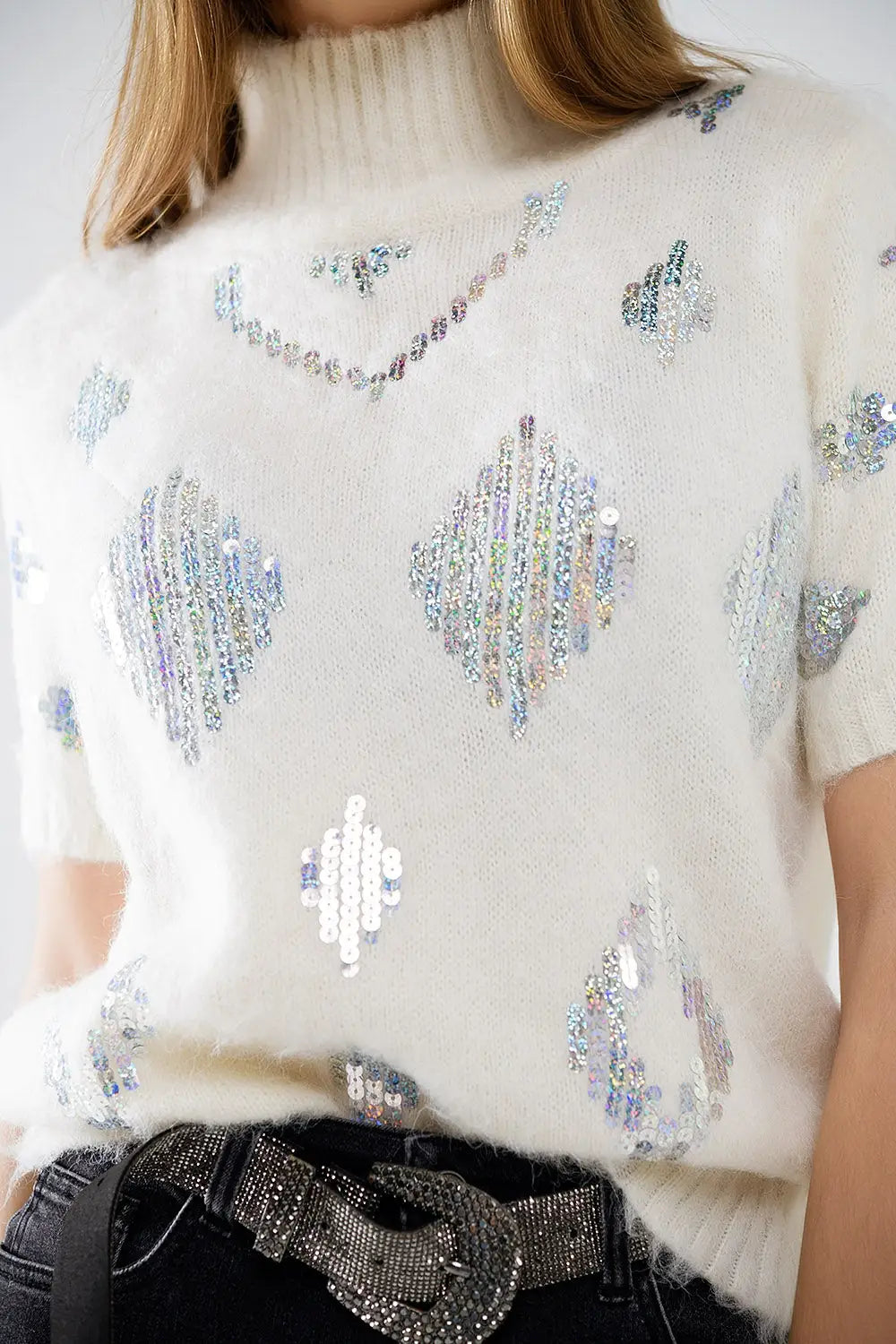 Cream short sleeve sweater with sequin embellishment - Sweaters