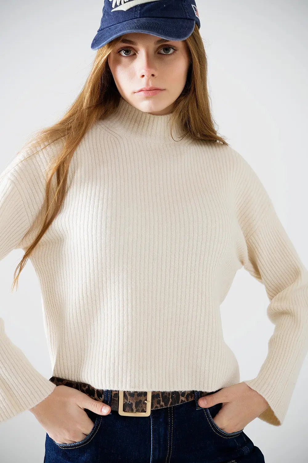 relaxed cream ribbed high neck sweater - Sweaters