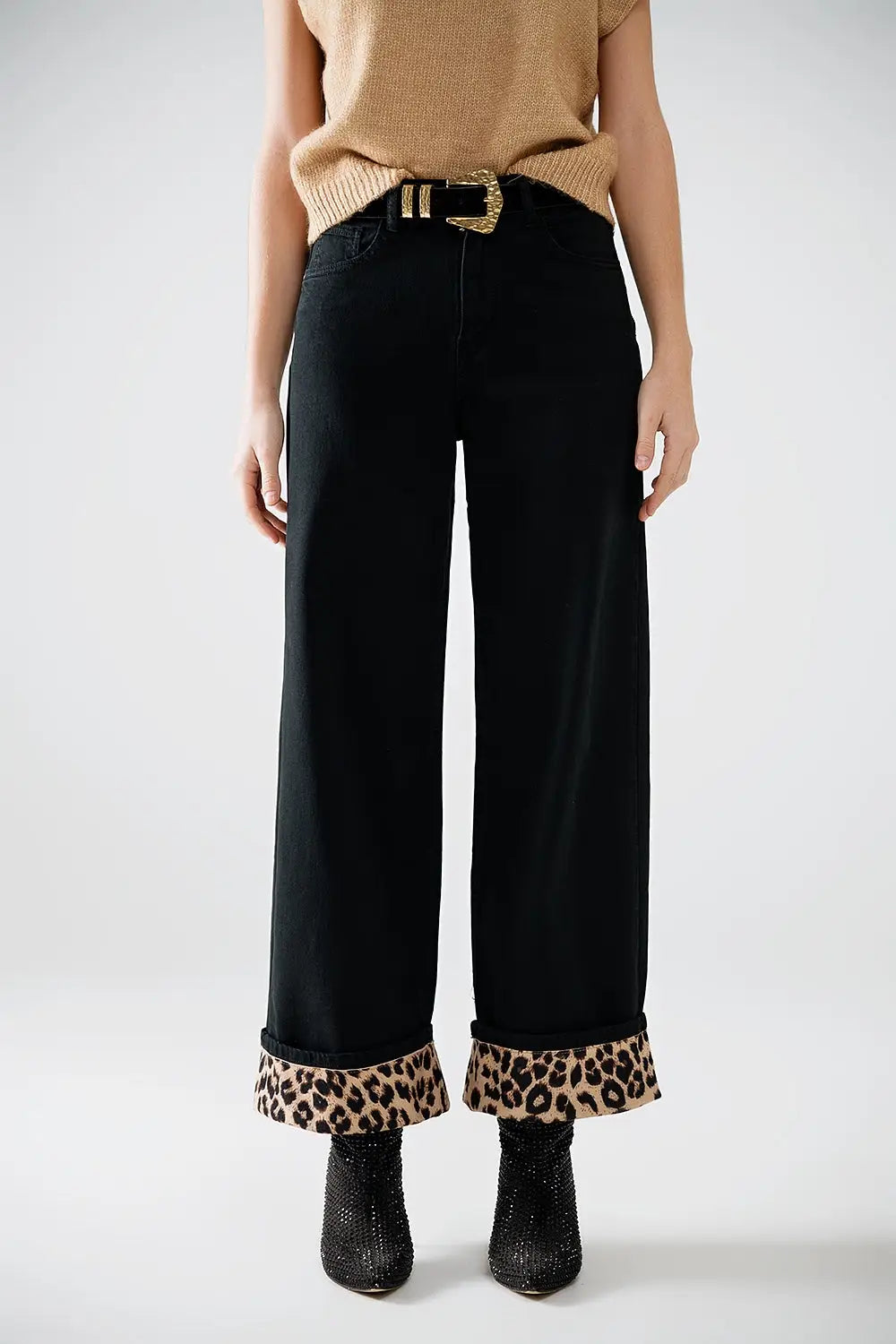 Wide leg black pants with leopard print at the bottom - Colored Jeans