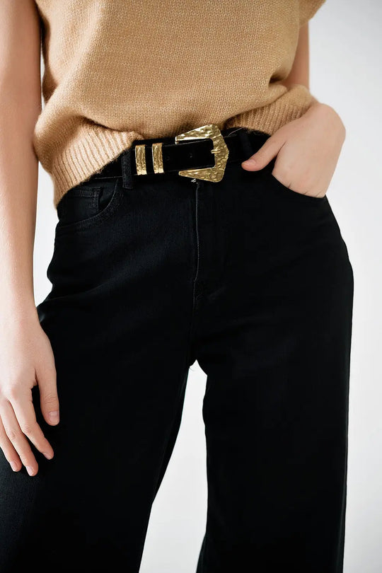 Wide leg black pants with leopard print at the bottom - Colored Jeans