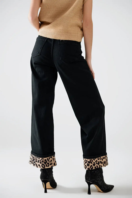 Wide leg black pants with leopard print at the bottom - Colored Jeans
