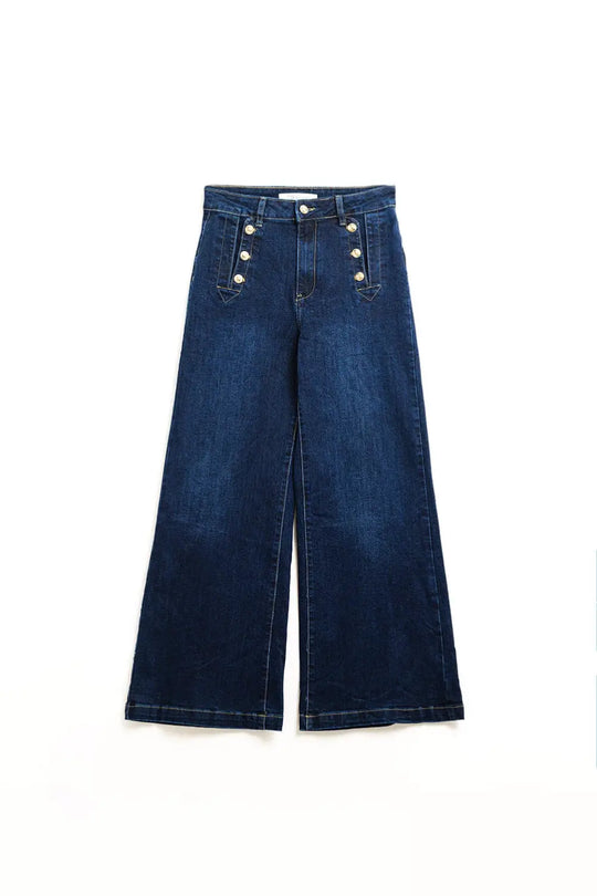 Marine-style Wide Leg Jeans With Gold Buttons