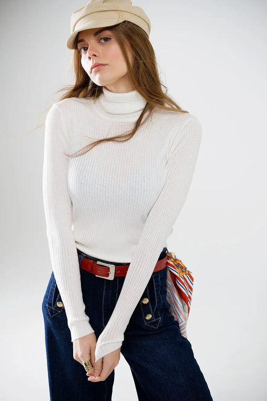 Cream basic ribbed sweater with high neck - Sweaters