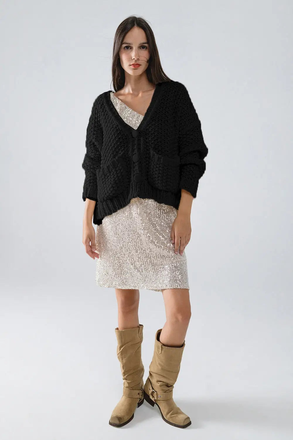 Oversized black chunky knit jacket with pockets - BLACK / ONE - Cardigans