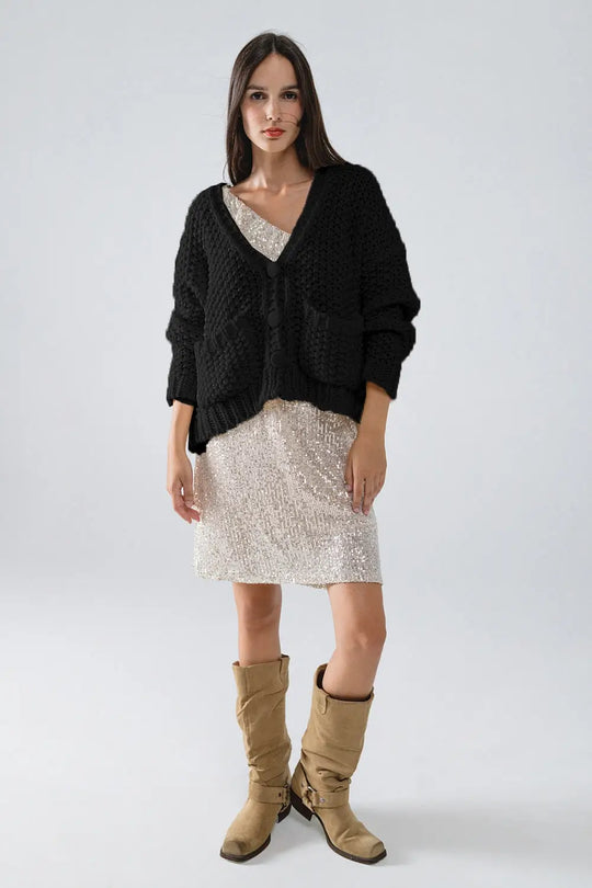 Oversized black chunky knit jacket with pockets - BLACK / ONE - Cardigans