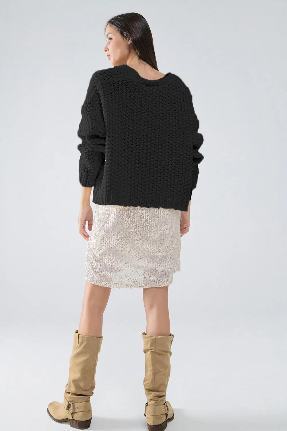 Oversized black chunky knit jacket with pockets - BLACK / ONE - Cardigans