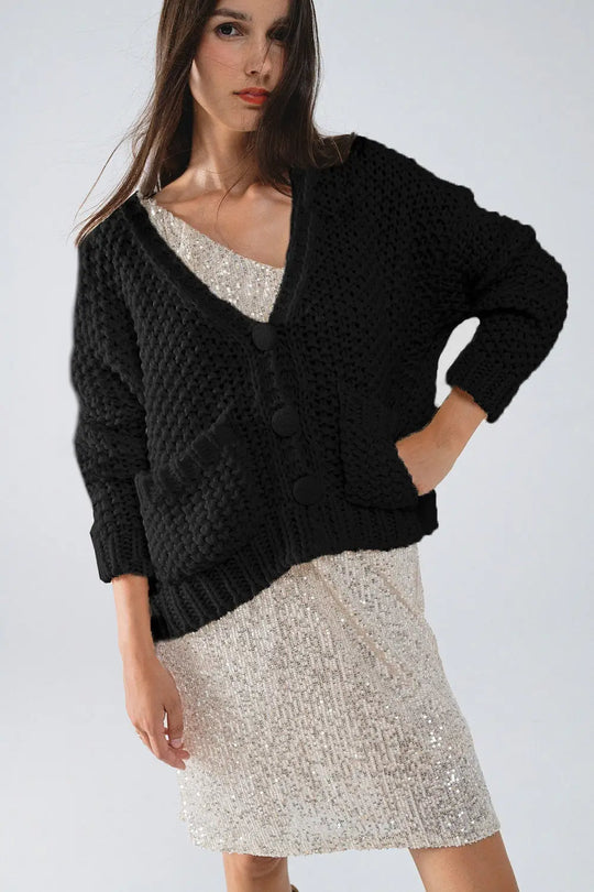 Oversized black chunky knit jacket with pockets - BLACK / ONE - Cardigans
