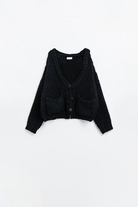 Oversized black chunky knit jacket with pockets - BLACK / ONE - Cardigans