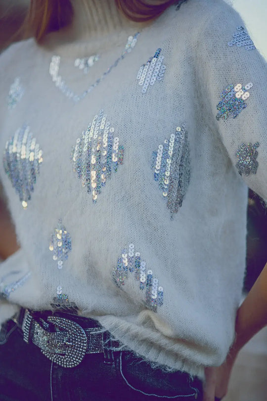 Cream short sleeve sweater with sequin embellishment - Sweaters