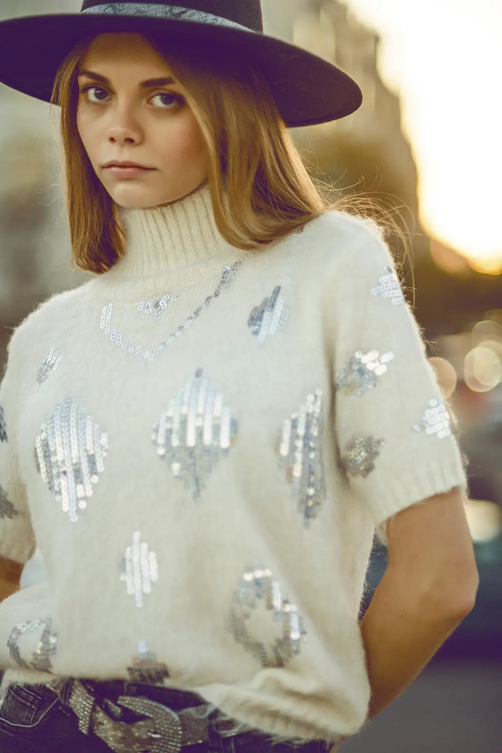 Cream short sleeve sweater with sequin embellishment - Sweaters