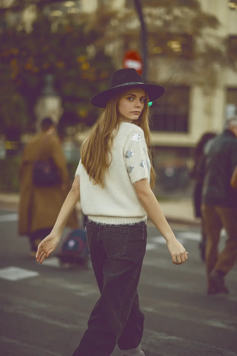 Cream short sleeve sweater with sequin embellishment - Sweaters