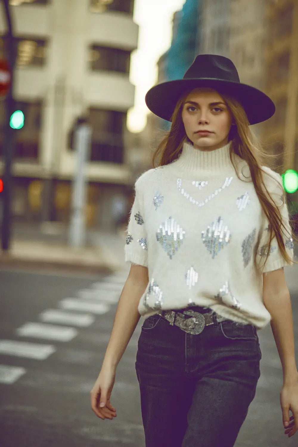 Cream short sleeve sweater with sequin embellishment - Sweaters