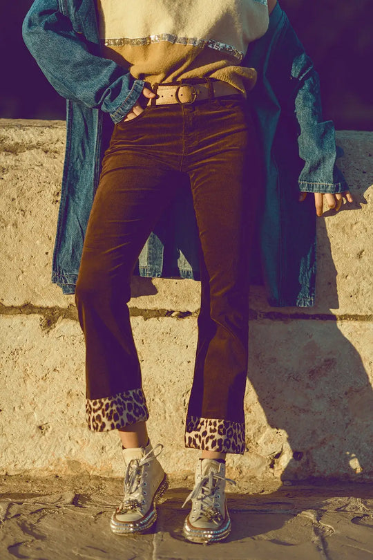 Brown corduroy flare pants with leopard print at the bottom - Pants