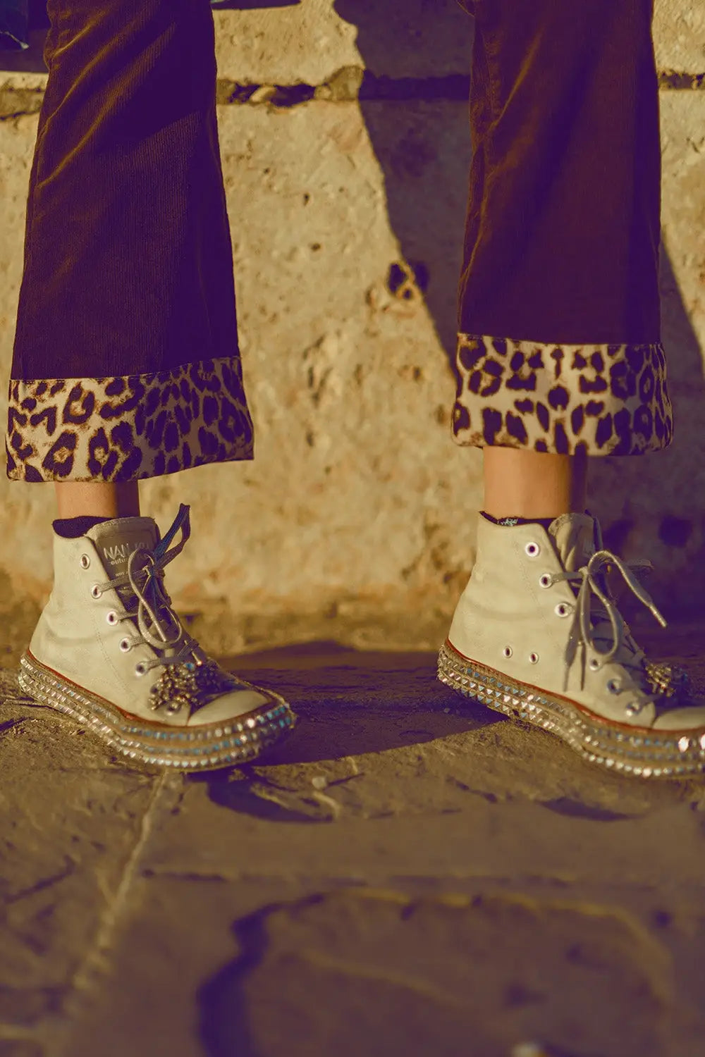 Brown corduroy flare pants with leopard print at the bottom - Pants