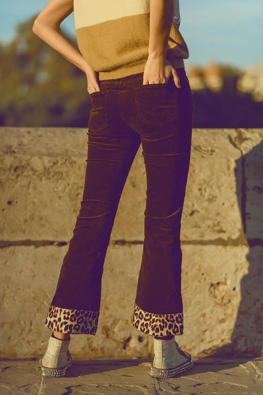 Brown corduroy flare pants with leopard print at the bottom - Pants