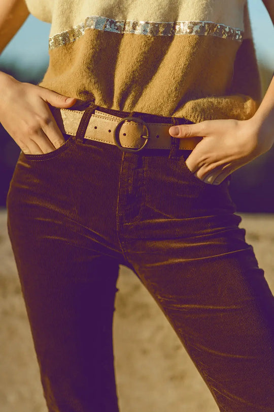 Brown corduroy flare pants with leopard print at the bottom - Pants