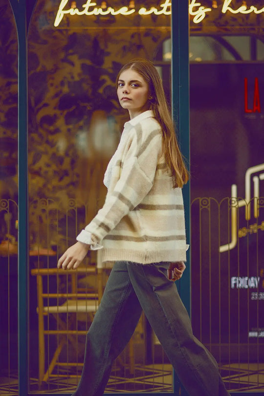 beige striped fluffy cardigan - Cardigans