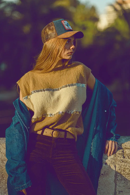 Sleeveless beige sweater with sequin detail - CAMEL / ONE - Sweaters
