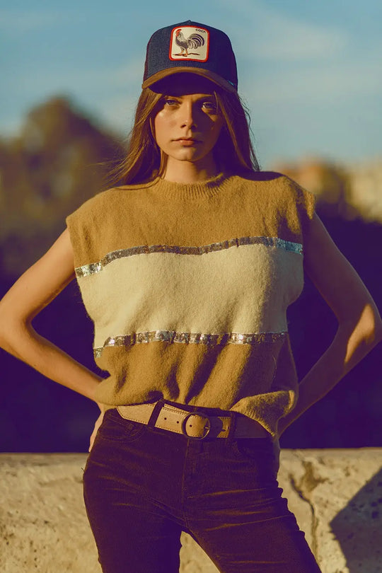 Sleeveless beige sweater with sequin detail - CAMEL / ONE - Sweaters