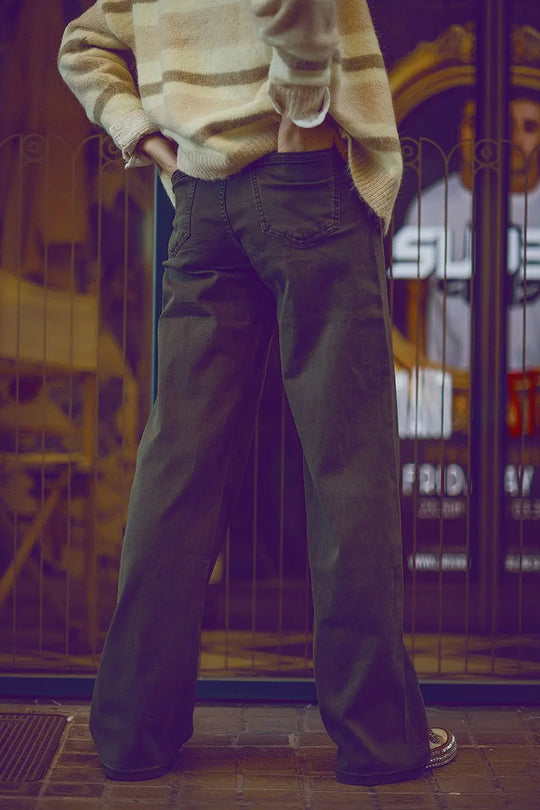 Military green high-waisted wide-leg pants - Colored Jeans