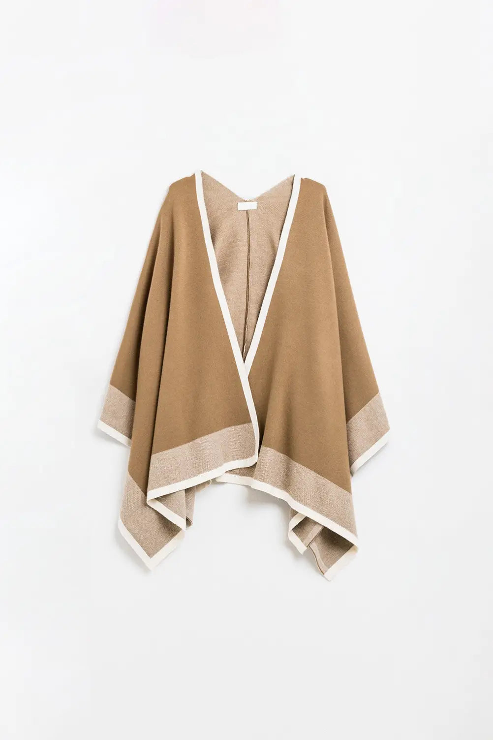 Knitted poncho in camel with ecru trim - BROWN / ONE - Cardigans