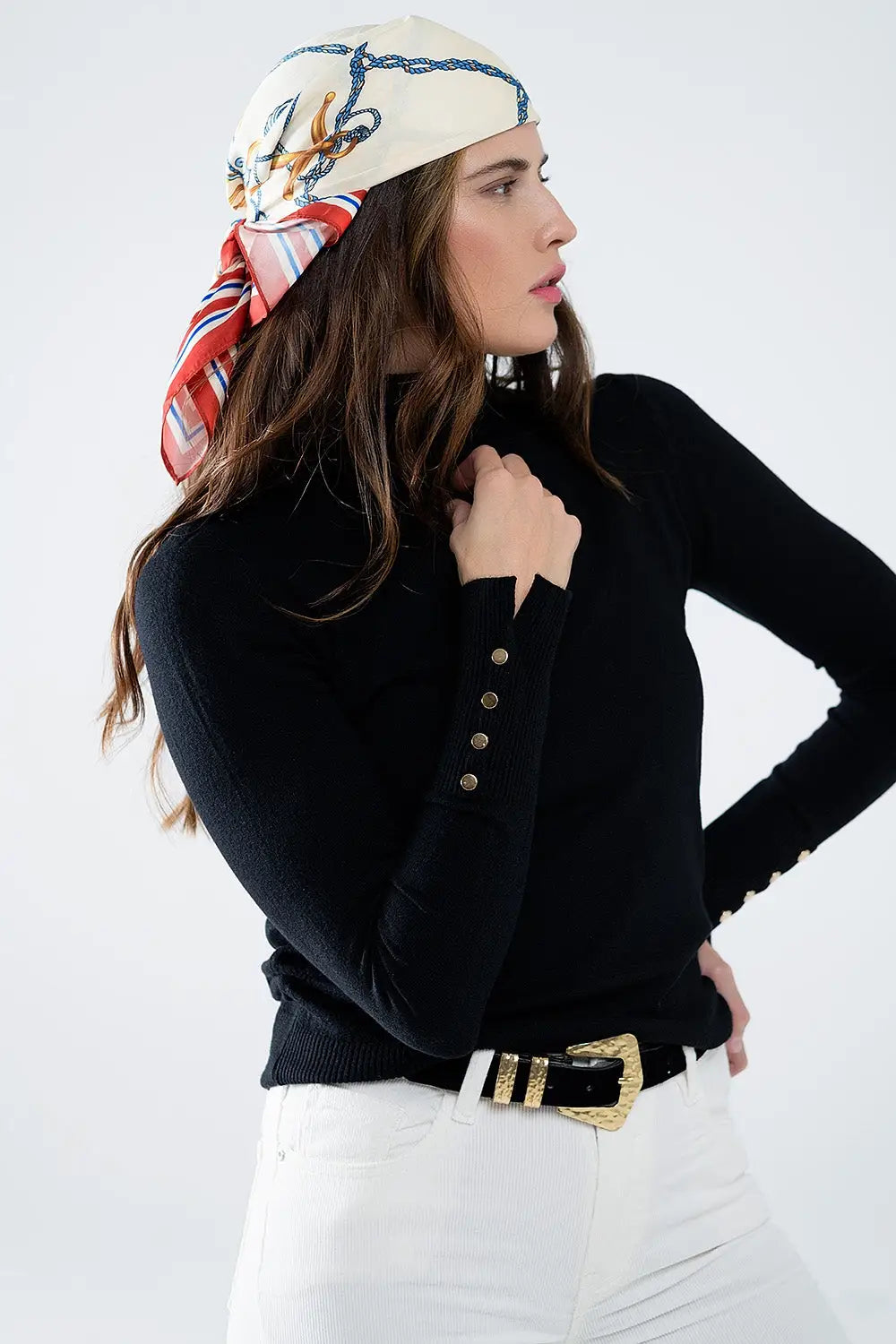 Black turtleneck sweater with gold buttons on the cuff - BLACK / ONE - Sweaters