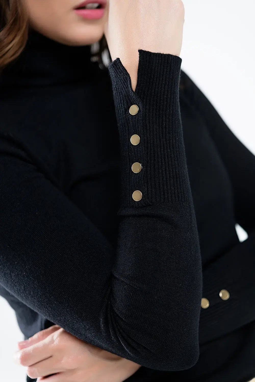Black turtleneck sweater with gold buttons on the cuff - BLACK / ONE - Sweaters