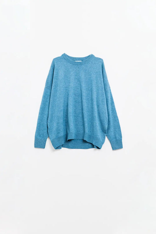Loose fine-knit sweater in blue with a round neck - BLUE / ONE - Sweaters