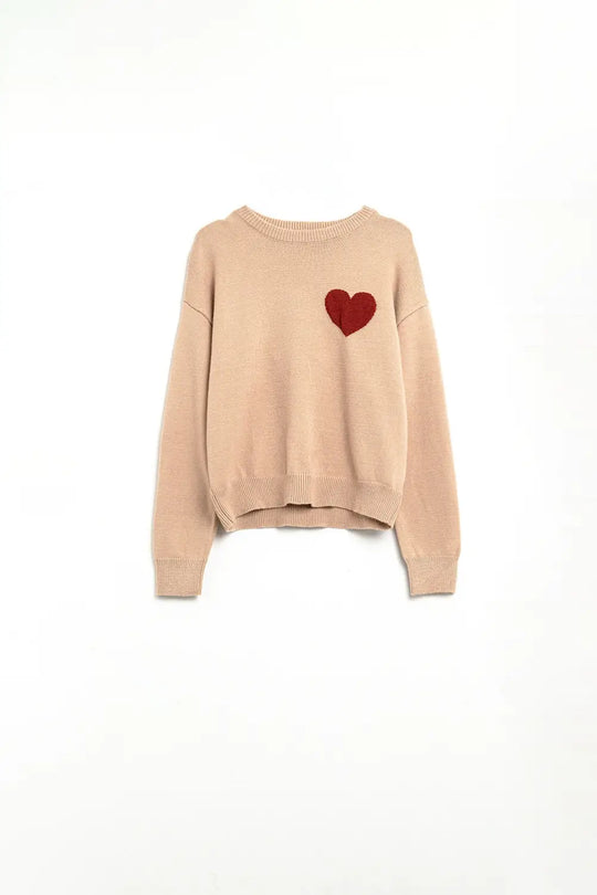 Beige sweater with red heart detail - Sweaters