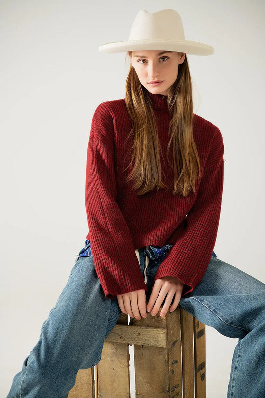 relaxed wine ribbed high neck sweater - Sweaters