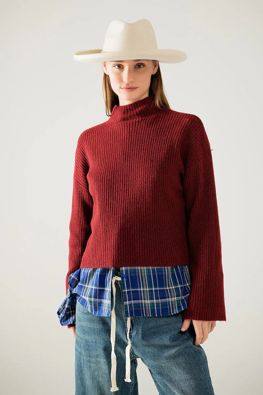 relaxed wine ribbed high neck sweater - Sweaters