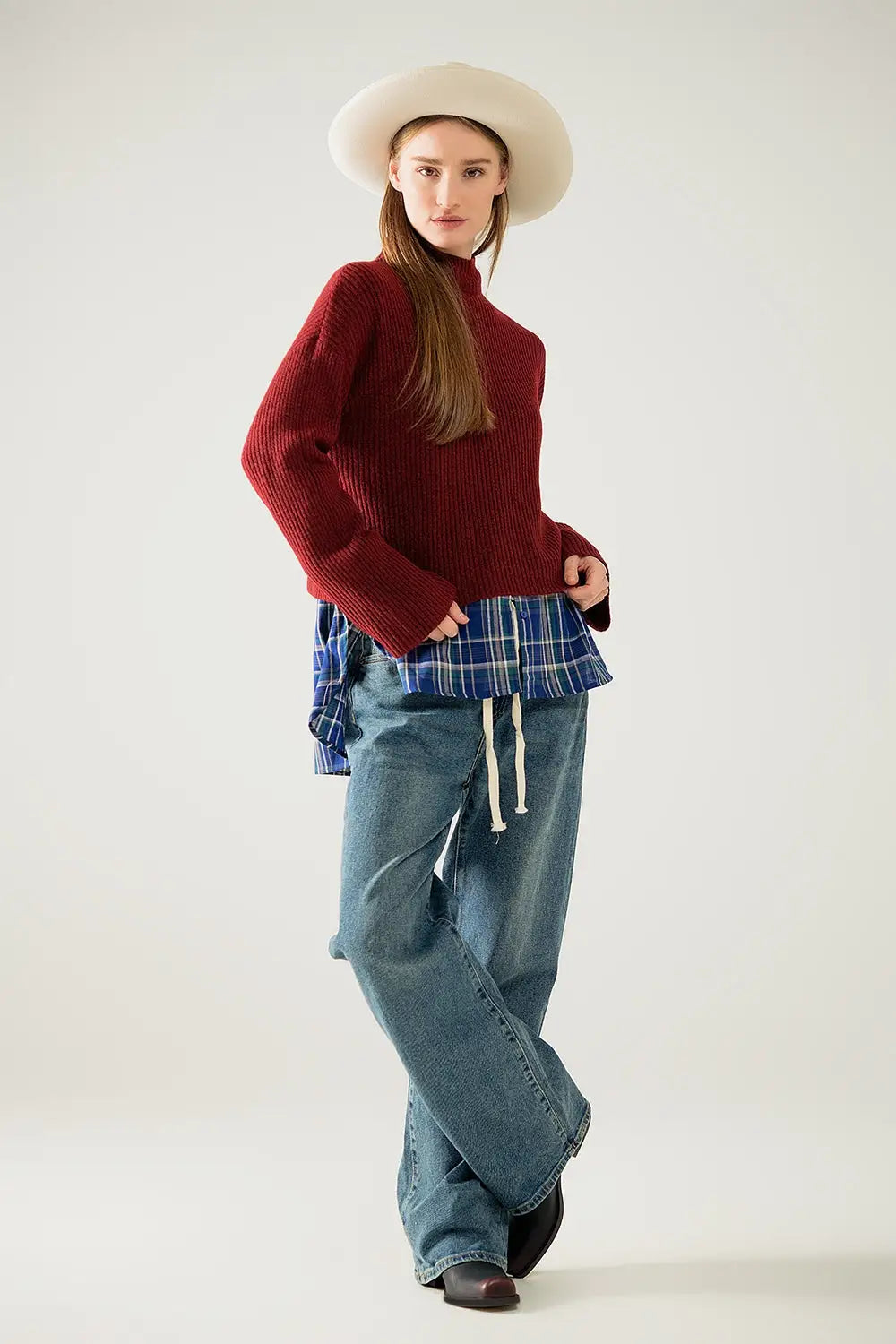 relaxed wine ribbed high neck sweater - Sweaters