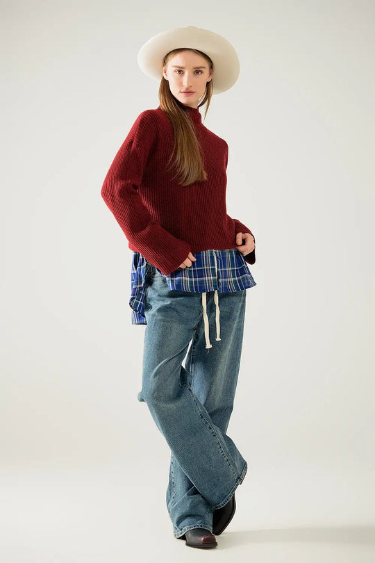 relaxed wine ribbed high neck sweater - Sweaters