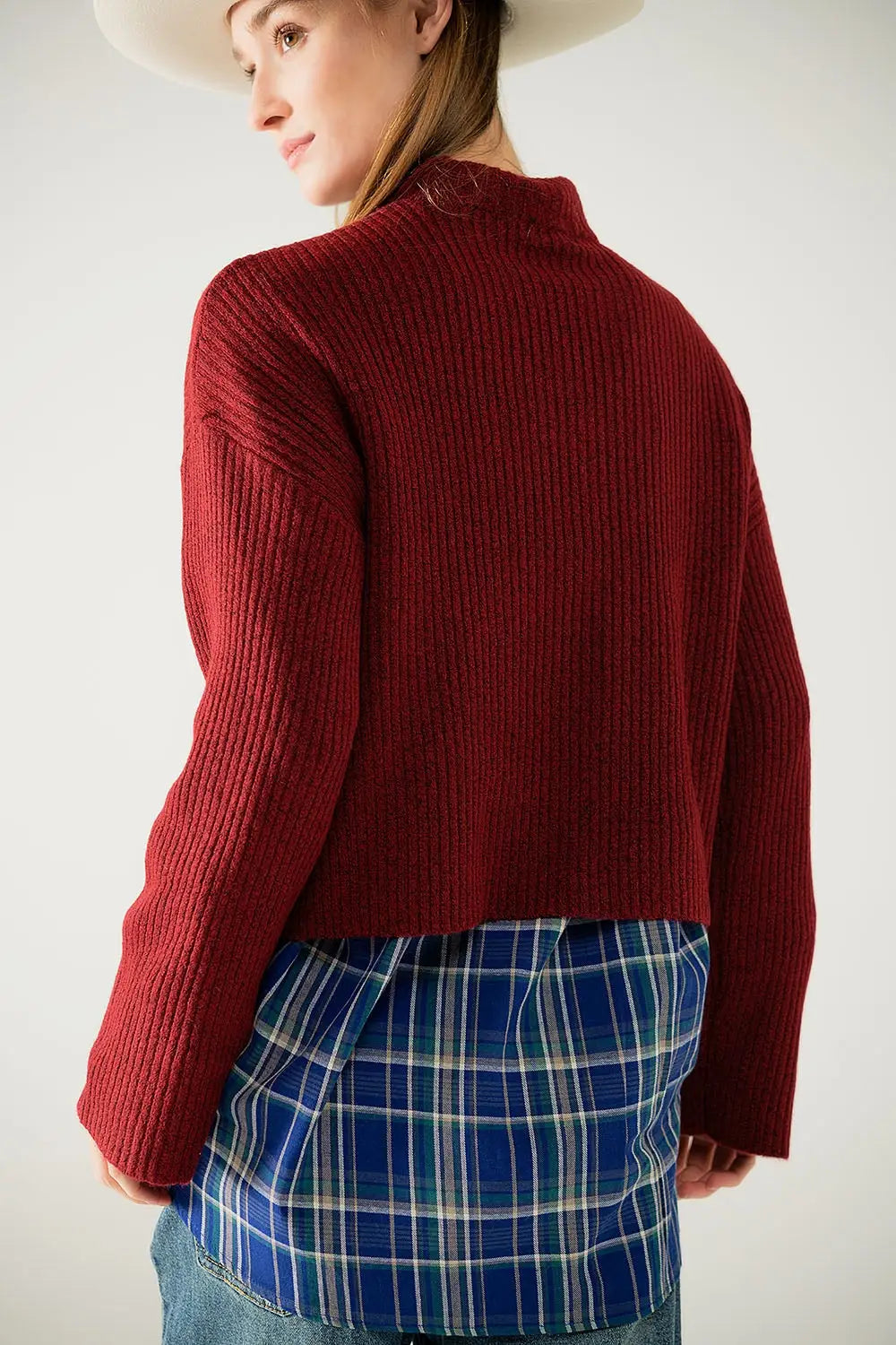 relaxed wine ribbed high neck sweater - Sweaters