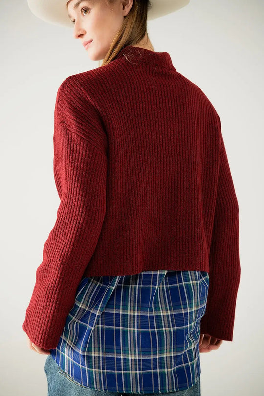 relaxed wine ribbed high neck sweater - Sweaters