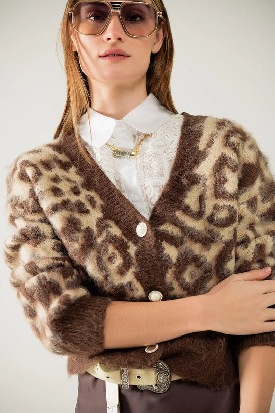 leopard print cardigan with wool in beige - BEIGE / ONE - Cardigans