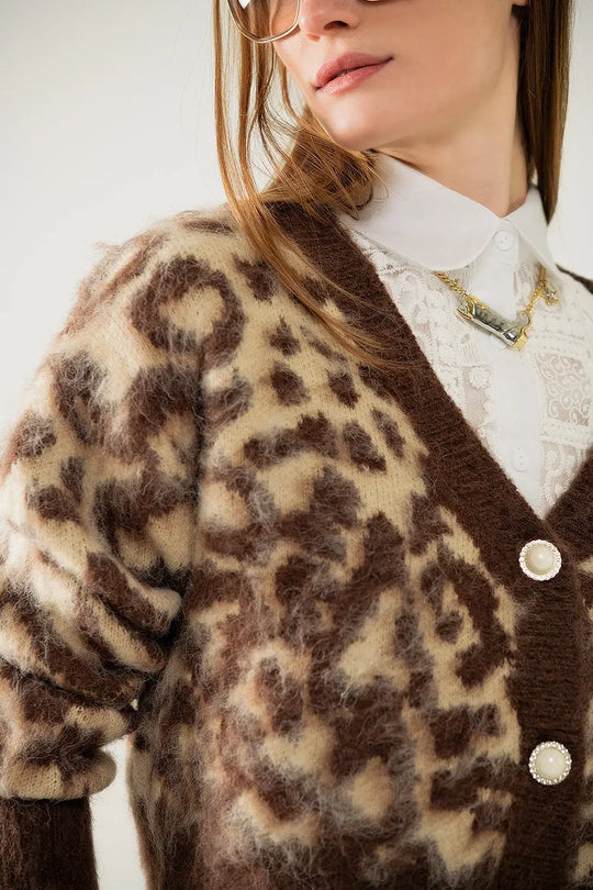 leopard print cardigan with wool in beige - BEIGE / ONE - Cardigans