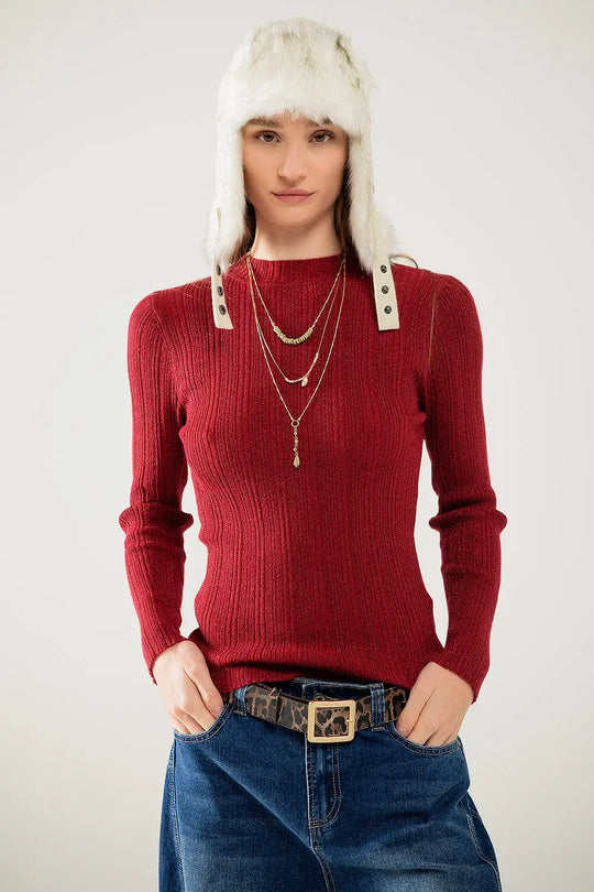 Fitted ribbed sweater in maroon with silver thread detail - Sweaters