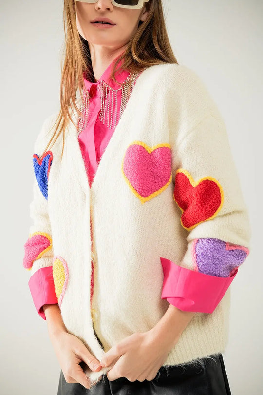 Beige knitted cardigan with embroidered hearts - BEIGE / ONE - Cardigans