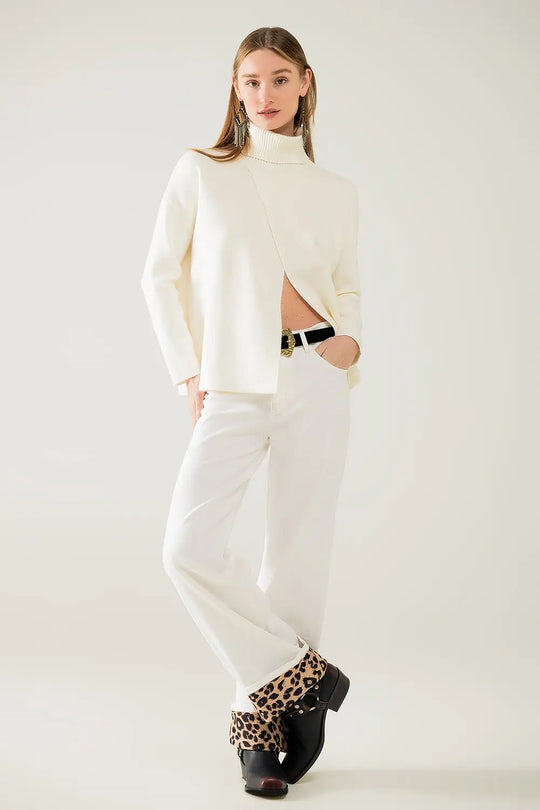 Wide leg cream pants with leopard print at the bottom - Colored Jeans