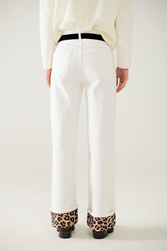 Wide leg cream pants with leopard print at the bottom - Colored Jeans
