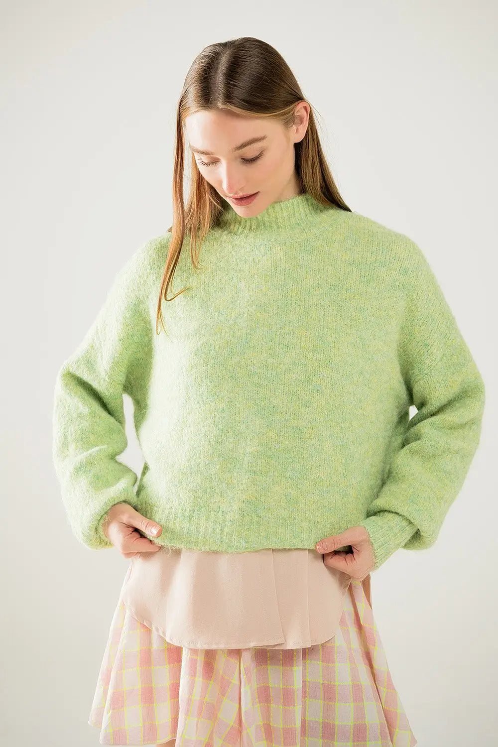 Fluffy light green sweater with high neck and balloon sleeves - Sweaters