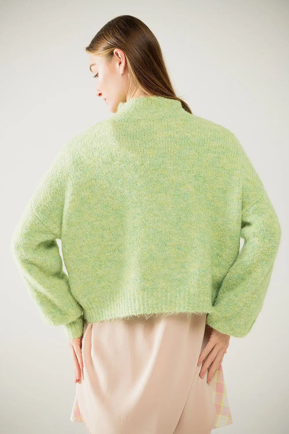 Fluffy light green sweater with high neck and balloon sleeves - Sweaters