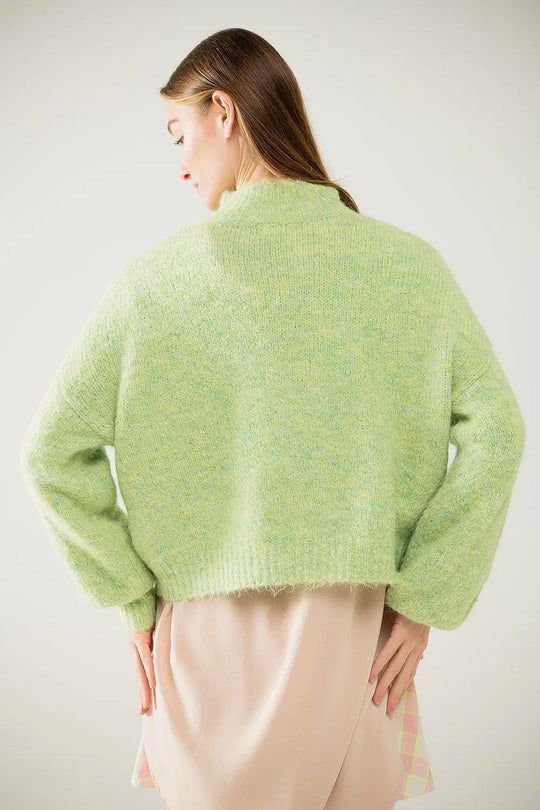 Fluffy light green sweater with high neck and balloon sleeves - Sweaters