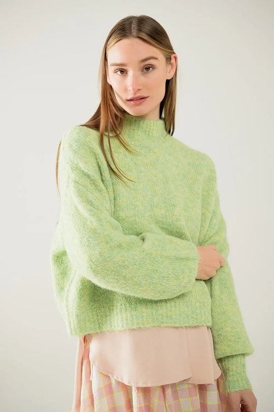 Fluffy light green sweater with high neck and balloon sleeves - Sweaters