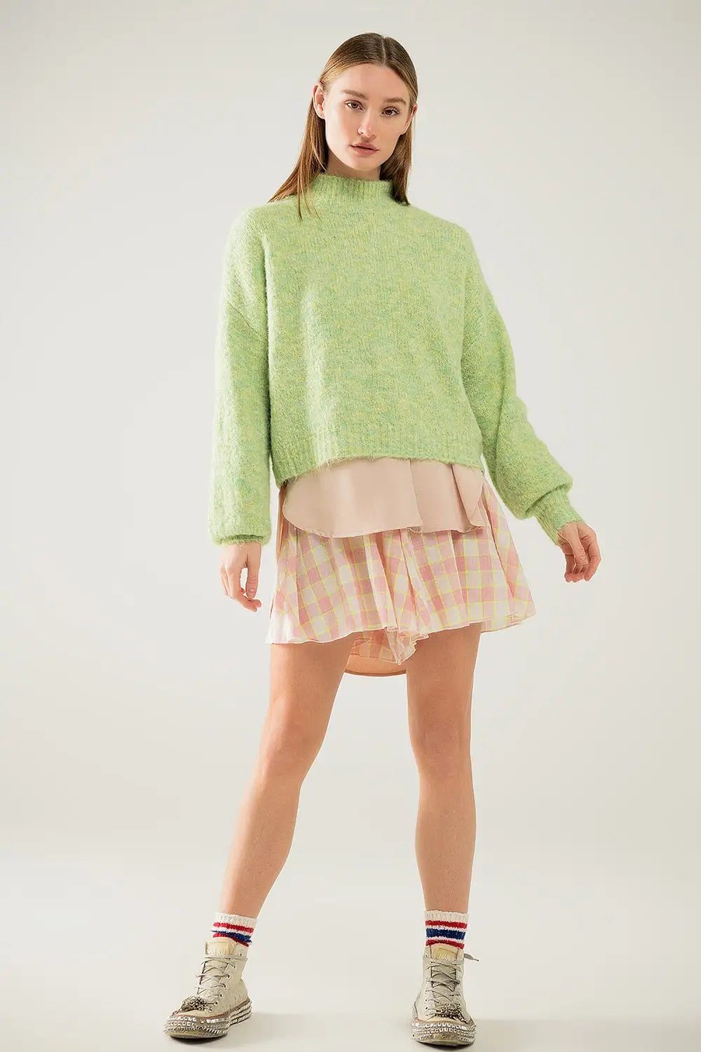 Fluffy light green sweater with high neck and balloon sleeves - Sweaters